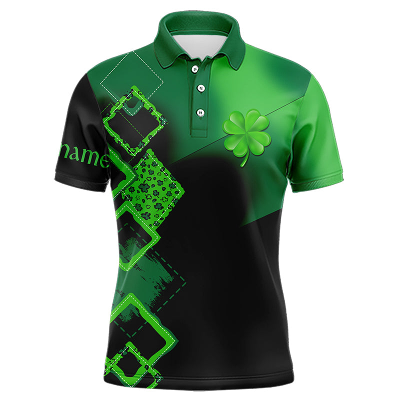 Mens golf polo shirt custom name green clover St Patrick day golf shirts, golfing gifts | Black NQS9514