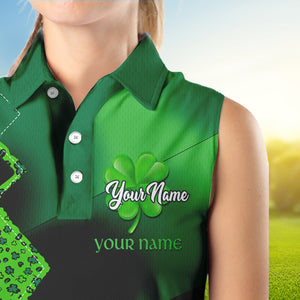 Women Sleeveless polo shirt custom name green clover St Patrick day golf shirts, golfing gifts | Black NQS9514