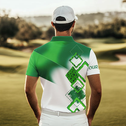 Mens golf polo shirt custom name white and green shamrock St Patrick day golf shirts, golfing gifts NQS9676