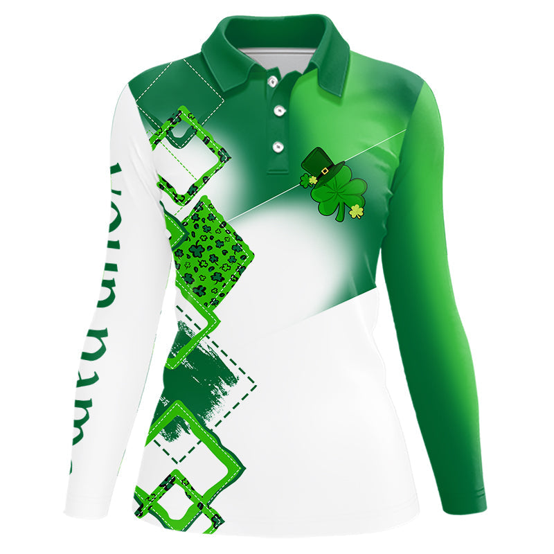 Women golf polo shirt custom name white and green shamrock St Patrick day golf shirts, golfing gifts NQS9676
