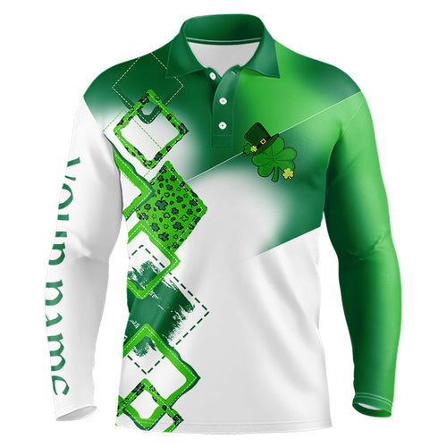 Mens golf polo shirt custom name white and green shamrock St Patrick day golf shirts, golfing gifts NQS9676