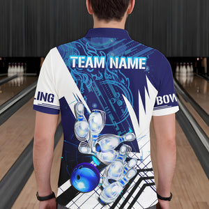 Blue and White Custom Flame Bowling Polo, Quarter-Zip Shirts For Men, Team Bowling League Jersey NQS9679