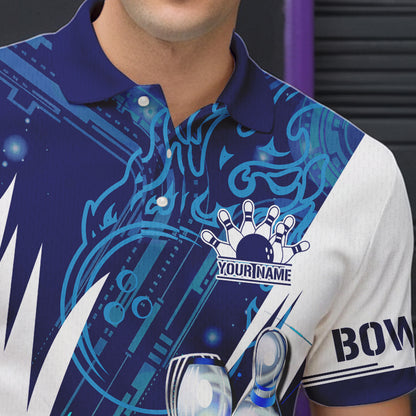 Blue and White Custom Flame Bowling Polo, Quarter-Zip Shirts For Men, Team Bowling League Jersey NQS9679