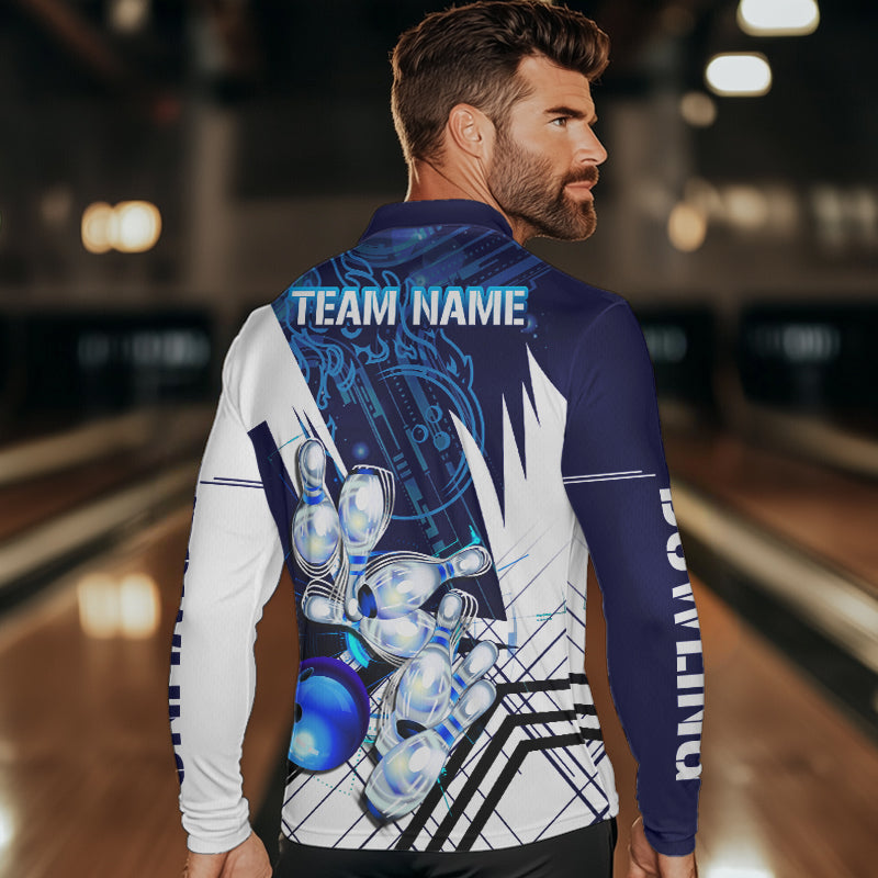 Blue and White Custom Flame Bowling Polo, Quarter-Zip Shirts For Men, Team Bowling League Jersey NQS9679
