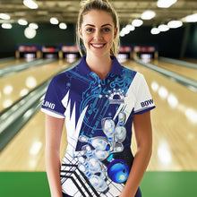 Load image into Gallery viewer, Blue and White Custom Flame Bowling Polo, Quarter-Zip Shirts For Women, Team Bowling League Jersey NQS9679
