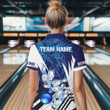 Load image into Gallery viewer, Blue and White Custom Flame Bowling Polo, Quarter-Zip Shirts For Women, Team Bowling League Jersey NQS9679