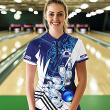 Load image into Gallery viewer, Blue and White Custom Flame Bowling Polo, Quarter-Zip Shirts For Women, Team Bowling League Jersey NQS9679