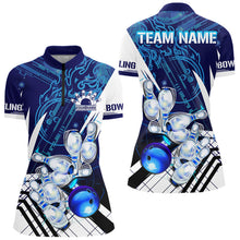 Load image into Gallery viewer, Blue and White Custom Flame Bowling Polo, Quarter-Zip Shirts For Women, Team Bowling League Jersey NQS9679