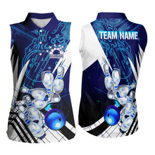 Load image into Gallery viewer, Blue and White Custom Flame Bowling Sleeveless Polo Shirts For Women, Team Bowling League Jersey NQS9679