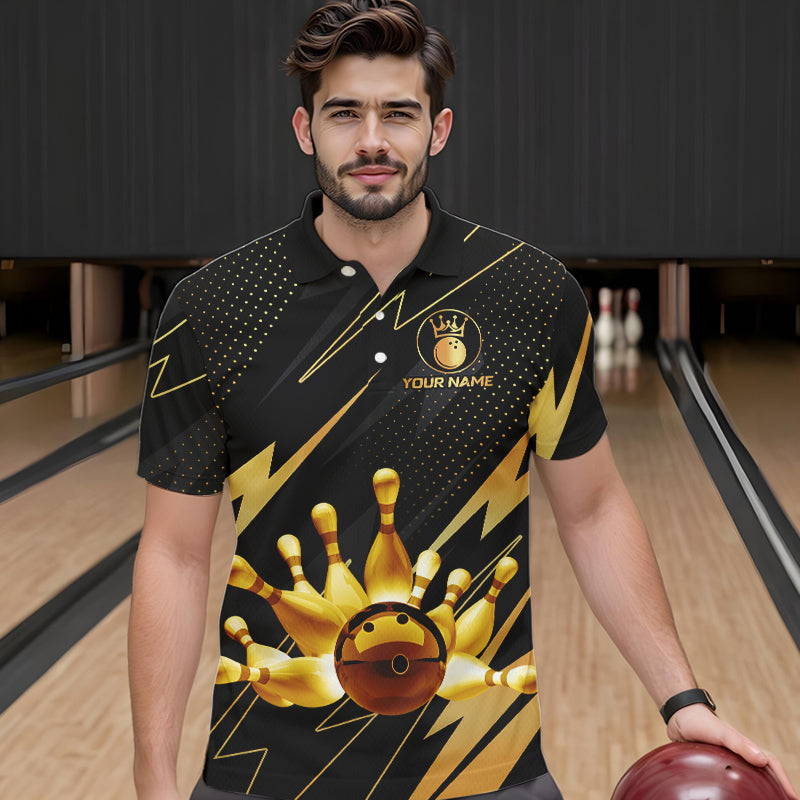 Custom Black and Gold Bowling Polo, Quarter Zip Shirts for Men, Team Bowling League Jersey NQS9682