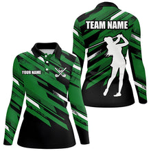 Load image into Gallery viewer, Womens golf polos shirts custom black and green golf attire for ladies, golfing gifts for women NQS7456