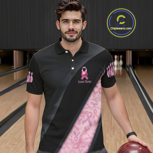 Black and Pink Ribbon Breast cancer Bowling Polo, 1/4 Zip Shirt for Men Custom Bowling Team Jersey NQS9961