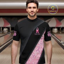Load image into Gallery viewer, Black and Pink Ribbon Breast cancer Bowling Polo, 1/4 Zip Shirt for Men Custom Bowling Team Jersey NQS9961
