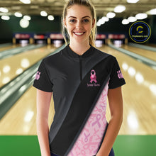 Load image into Gallery viewer, Black and Pink Ribbon Breast cancer Bowling Polo, 1/4 Zip Shirt for Women Custom Bowling Team Jersey NQS9961