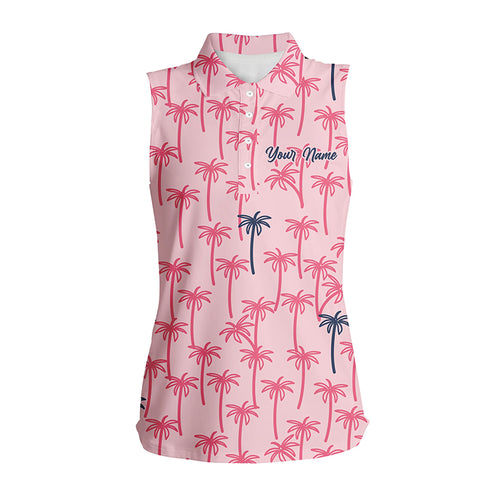 Pink Palm tree pattern Women sleeveless polo shirt custom name tropical team golf shirt womens NQS5722