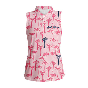 Pink Palm tree pattern Women sleeveless polo shirt custom name tropical team golf shirt womens NQS5722