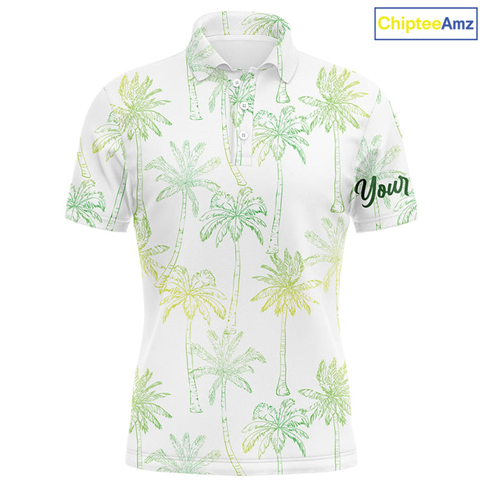 Green Tropical palm trees pattern Mens golf polo shirts custom team white golf shirt mens NQS5725