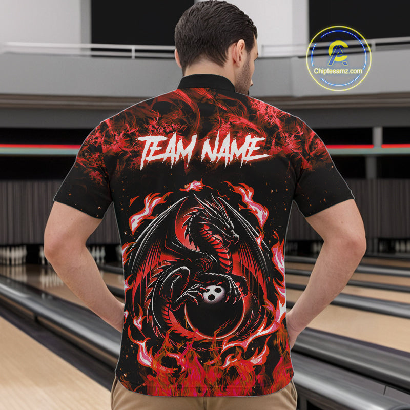 Black and Red Flame Dragon bowling shirts for Men Custom Bowling Team Jersey, gift for Bowler NQS10245