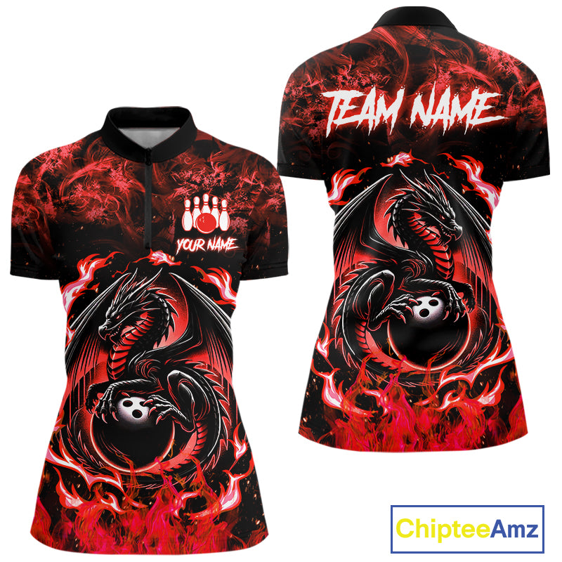Black and Red Flame Dragon bowling shirts for Women Custom Bowling Team Jersey, gift for Bowler NQS10245
