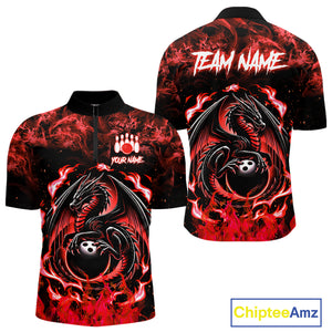 Black and Red Flame Dragon bowling shirts for Men Custom Bowling Team Jersey, gift for Bowler NQS10245