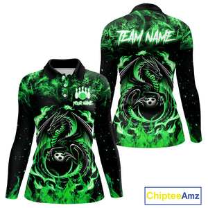 Black and Green Flame Dragon bowling shirts for Women Custom Bowling Team Jersey, gift for Bowler NQS10246