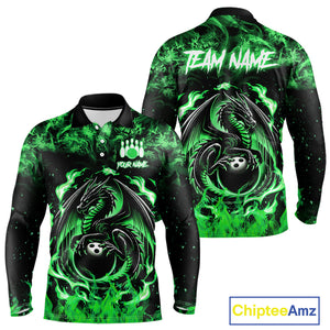 Black and Green Flame Dragon bowling shirts for Men Custom Bowling Team Jersey, gift for Bowler NQS10246
