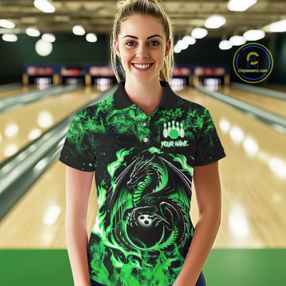 Black and Green Flame Dragon bowling shirts for Women Custom Bowling Team Jersey, gift for Bowler NQS10246