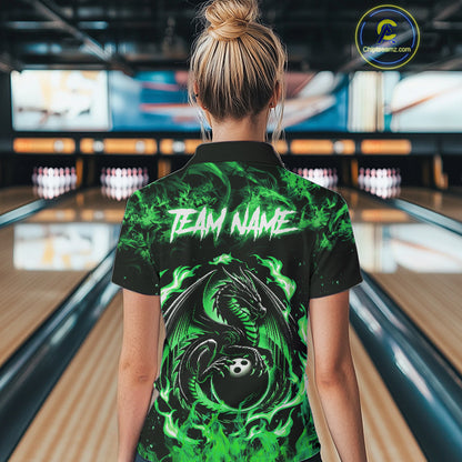 Black and Green Flame Dragon bowling shirts for Women Custom Bowling Team Jersey, gift for Bowler NQS10246