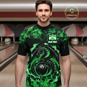 Black and Green Flame Dragon bowling shirts for Men Custom Bowling Team Jersey, gift for Bowler NQS10246