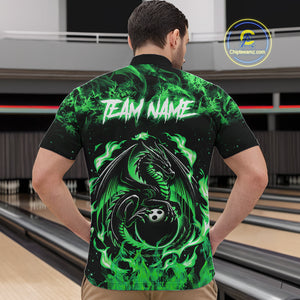 Black and Green Flame Dragon bowling shirts for Men Custom Bowling Team Jersey, gift for Bowler NQS10246