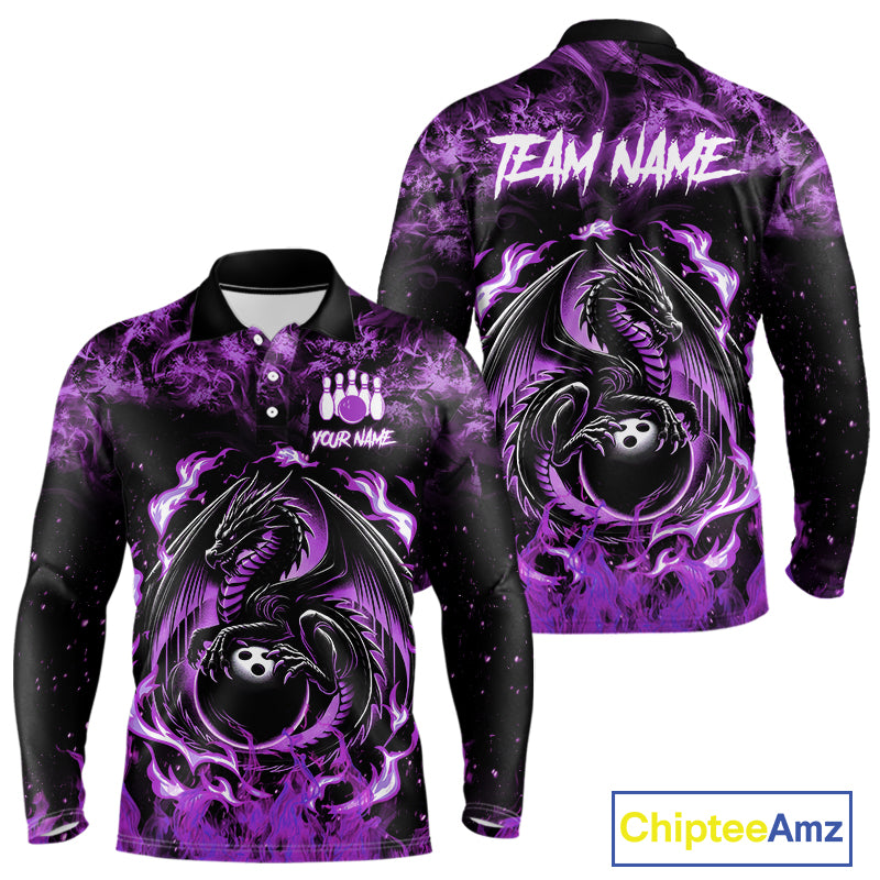Black and Purple Flame Dragon bowling shirts for Men Custom Bowling Team Jersey, gift for Bowler NQS10247