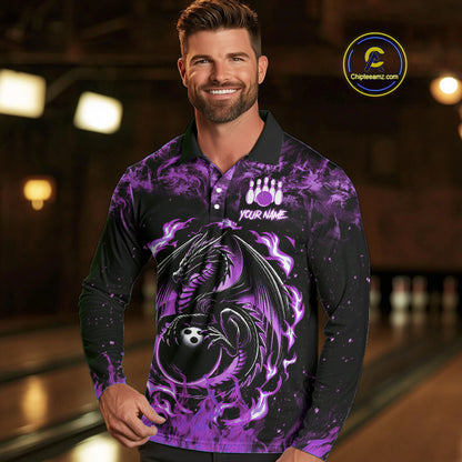 Black and Purple Flame Dragon bowling shirts for Men Custom Bowling Team Jersey, gift for Bowler NQS10247