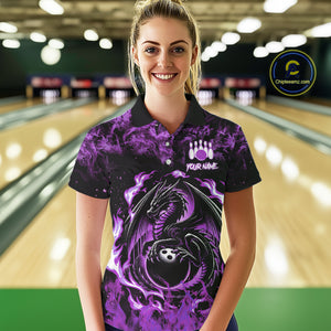 Black and Purple Flame Dragon bowling shirts for Women Custom Bowling Team Jersey, gift for Bowler NQS10247