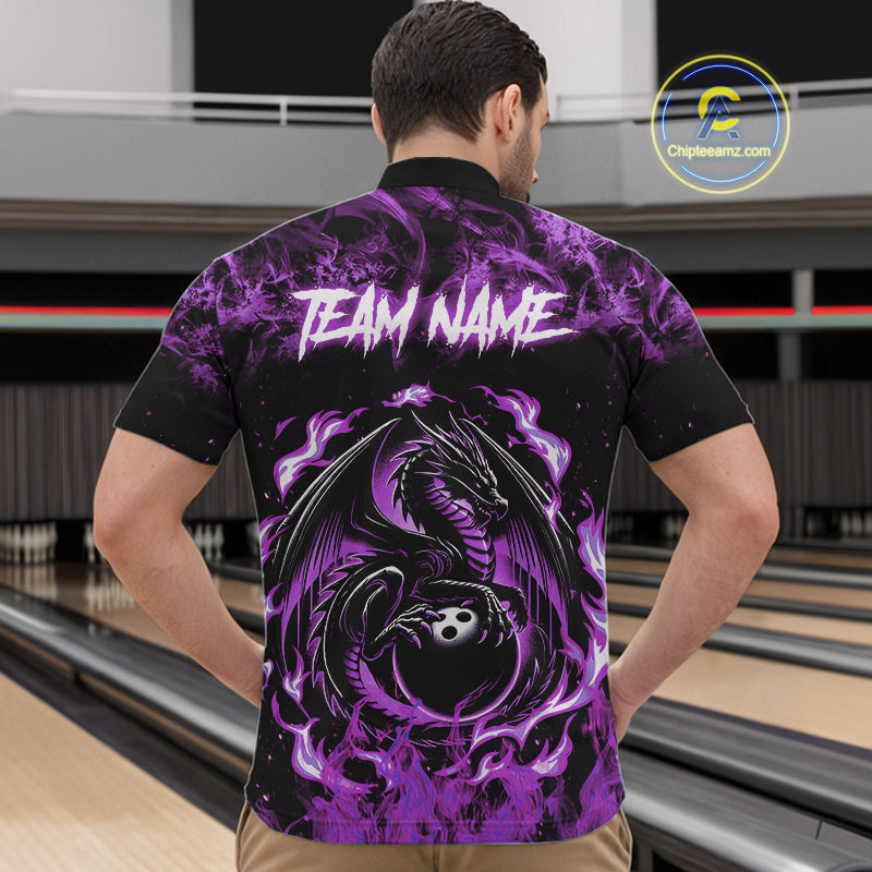Black and Purple Flame Dragon bowling shirts for Men Custom Bowling Team Jersey, gift for Bowler NQS10247