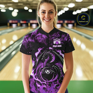 Black and Purple Flame Dragon bowling shirts for Women Custom Bowling Team Jersey, gift for Bowler NQS10247