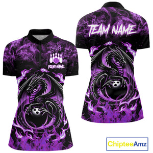 Black and Purple Flame Dragon bowling shirts for Women Custom Bowling Team Jersey, gift for Bowler NQS10247