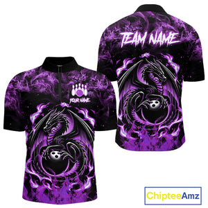 Black and Purple Flame Dragon bowling shirts for Men Custom Bowling Team Jersey, gift for Bowler NQS10247
