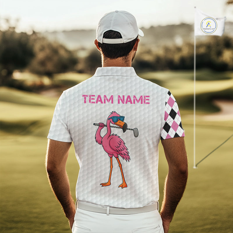 Funny Mens golf polo shirt custom pink and black argyle pattern flamingo white golf shirts NQS10252