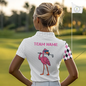 Funny Women golf polo shirt custom pink and black argyle pattern flamingo white golf shirts NQS10252