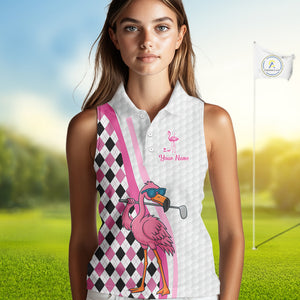 Funny Women Sleeveless Polo Shirt custom pink and black argyle pattern flamingo white golf shirts NQS10252