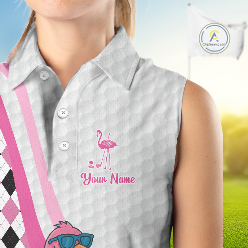 Funny Women Sleeveless Polo Shirt custom pink and black argyle pattern flamingo white golf shirts NQS10252