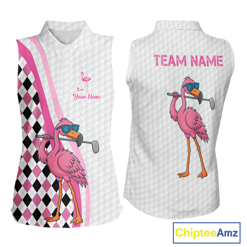 Funny Women Sleeveless Polo Shirt custom pink and black argyle pattern flamingo white golf shirts NQS10252