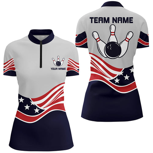 American Flag Bowling Jersey For Women Custom Quarter-Zip Bowling Shirt Patriotic Shirt For Team NQS6135