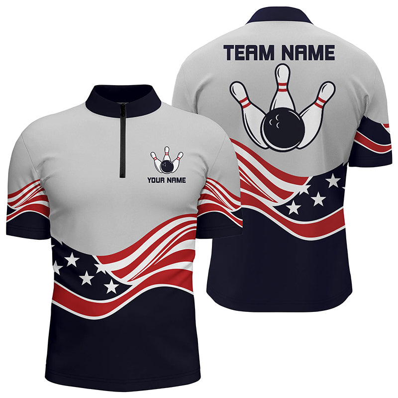 American Flag Bowling Jersey For Men Custom Quarter-Zip Bowling Shirt Patriotic Shirt For Team NQS6135