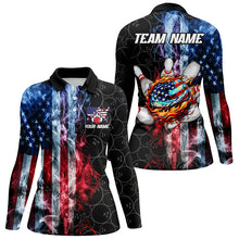 Load image into Gallery viewer, Smoke American Flag Flame Bowling camo Custom Patriotic Bowling Shirts For Women, Bowling Team Jerseys NQS8241