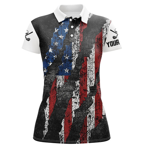 Black and White Grunge American Flag Women golf polo shirts custom Patriotic golf apparel for women NQS8245