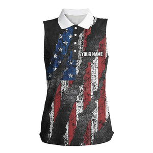 Black and White Grunge American Flag Women sleeveless polo shirt custom Patriotic golf shirt for women NQS8245