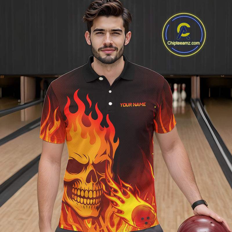 Flame Skull Bowling Polo, Quarter Zip Shirts for Men Custom Skull Fire Bowling Team Outfit Uniform NQS10444