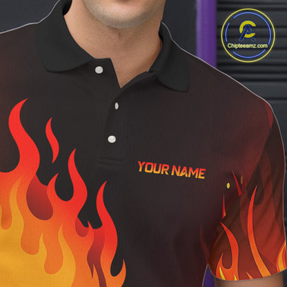 Flame Skull Bowling Polo, Quarter Zip Shirts for Men Custom Skull Fire Bowling Team Outfit Uniform NQS10444