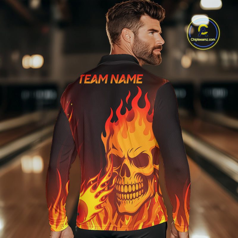 Flame Skull Bowling Polo, Quarter Zip Shirts for Men Custom Skull Fire Bowling Team Outfit Uniform NQS10444